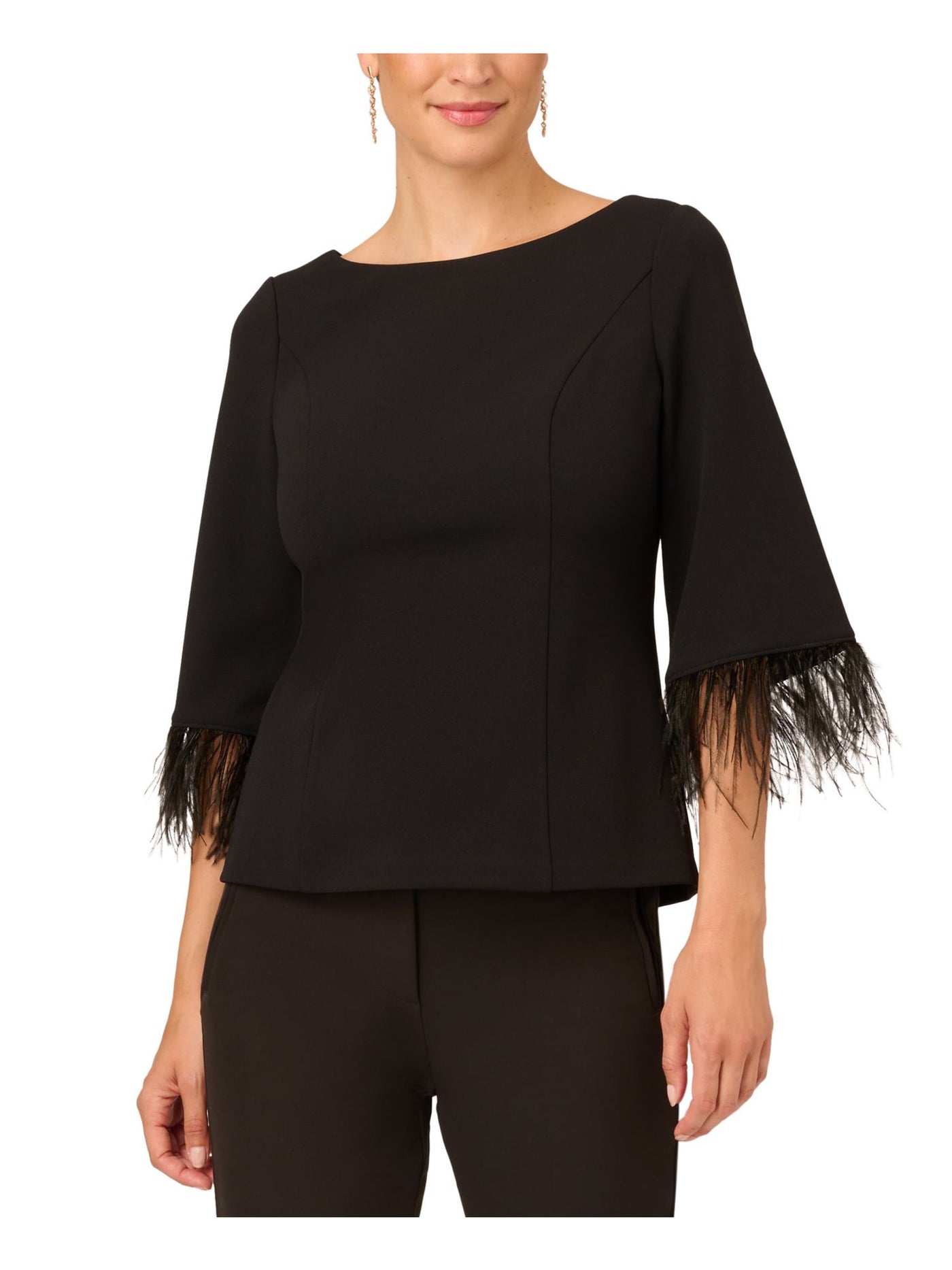 ADRIANNA PAPELL Womens Black Zippered V-back Feather Trim Cuffs 3/4 Sleeve Boat Neck Party Top 6