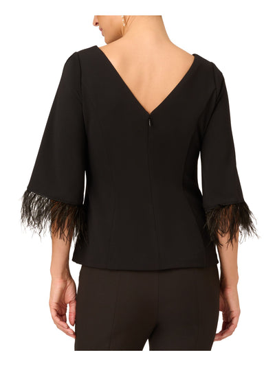 ADRIANNA PAPELL Womens Black Zippered V-back Feather Trim Cuffs 3/4 Sleeve Boat Neck Party Top 6