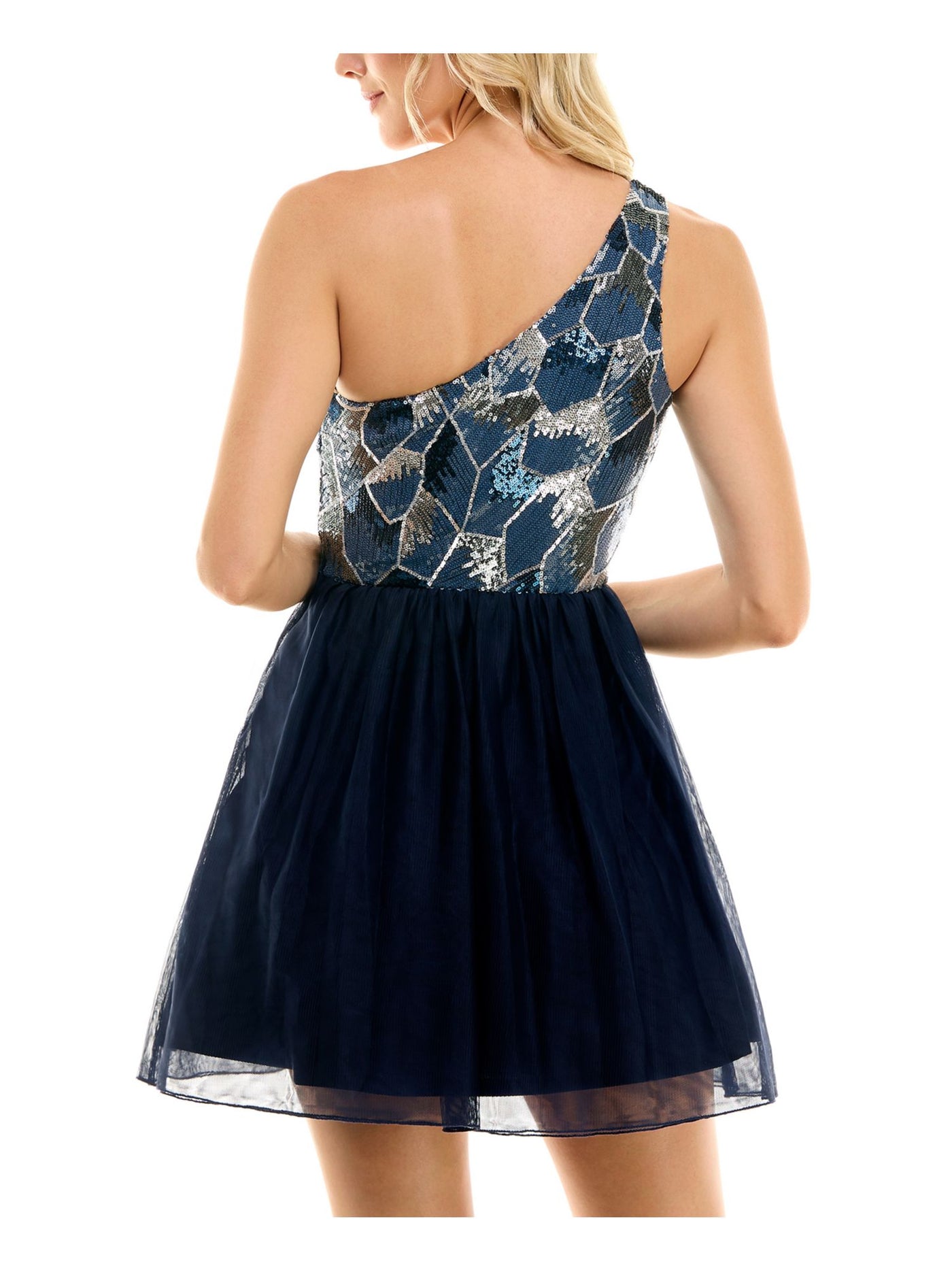 BCX DRESS Womens Navy Sequined Zippered Tulle Lined Sleeveless Asymmetrical Neckline Mini Formal Fit + Flare Dress S