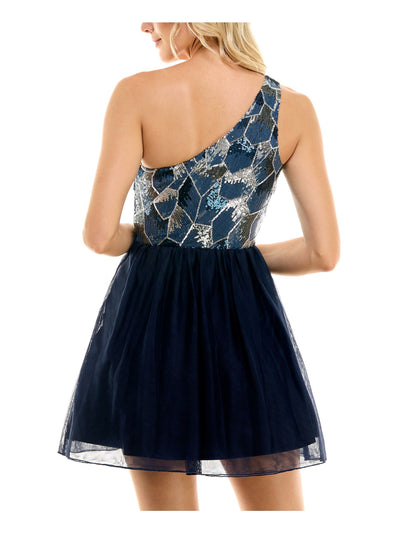 BCX DRESS Womens Navy Sequined Zippered Tulle Lined Sleeveless Asymmetrical Neckline Mini Formal Fit + Flare Dress Juniors XL