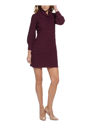 JESSICA HOWARD Womens Burgundy Pocketed Ribbed Trim Long Sleeve Cowl Neck Short Sweater Dress L