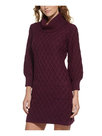 JESSICA HOWARD Womens Burgundy Pocketed Ribbed Trim Long Sleeve Cowl Neck Short Sweater Dress L