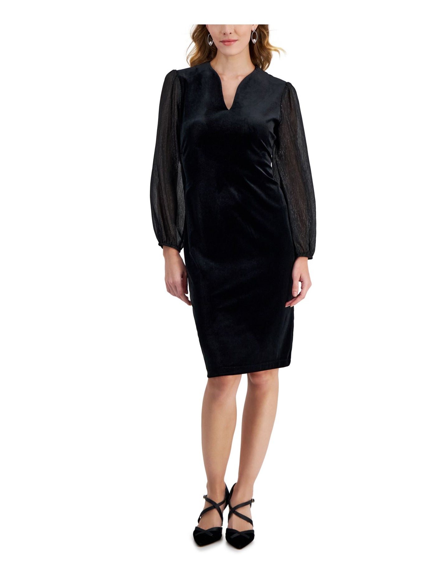 CONNECTED APPAREL Womens Black Zippered Unlined Long Chiffon Sleeves Split Knee Length Party Sheath Dress Petites 4P