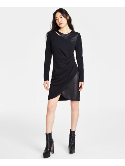 DKNY Womens Black Zippered Cut Out Glazed Jersey Pleated Long Sleeve Crew Neck Short Cocktail Sheath Dress 10