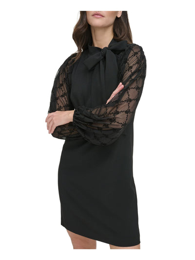 VINCE CAMUTO Womens Black Zippered Tie Flocked-mesh Long Sleeves Lined Mock Neck Above The Knee Wear To Work Shift Dress Petites 4P