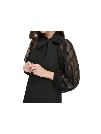 VINCE CAMUTO Womens Black Zippered Tie Flocked-mesh Long Sleeves Lined Mock Neck Above The Knee Wear To Work Shift Dress Petites 4P