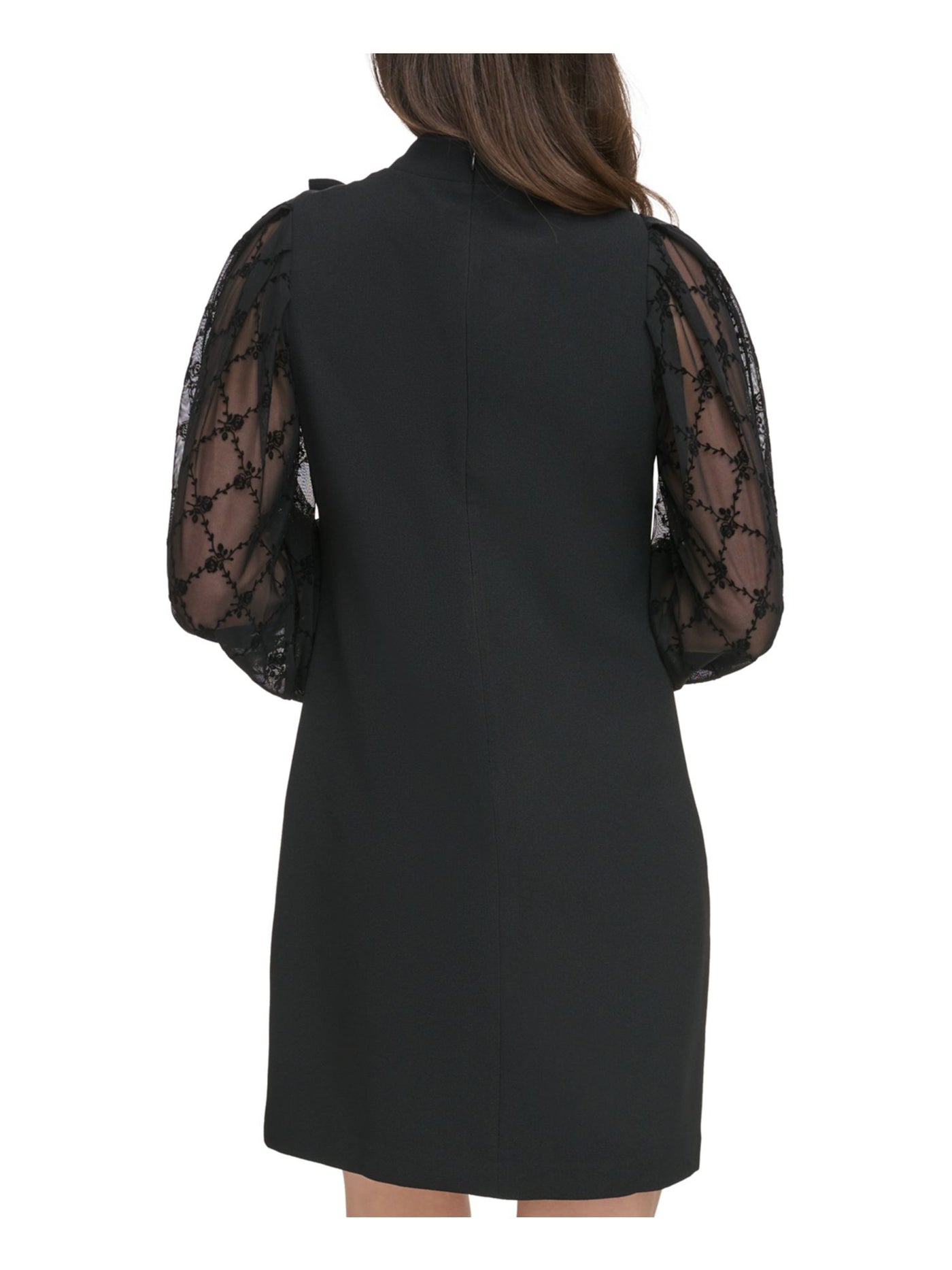 VINCE CAMUTO Womens Black Zippered Tie Flocked-mesh Long Sleeves Lined Mock Neck Above The Knee Wear To Work Shift Dress Petites 0P