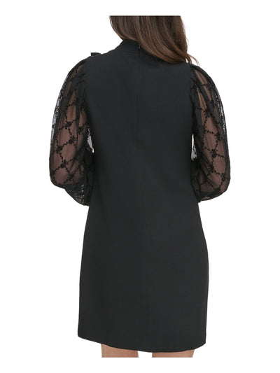 VINCE CAMUTO Womens Black Zippered Tie Flocked-mesh Long Sleeves Lined Mock Neck Above The Knee Wear To Work Shift Dress Petites 0P