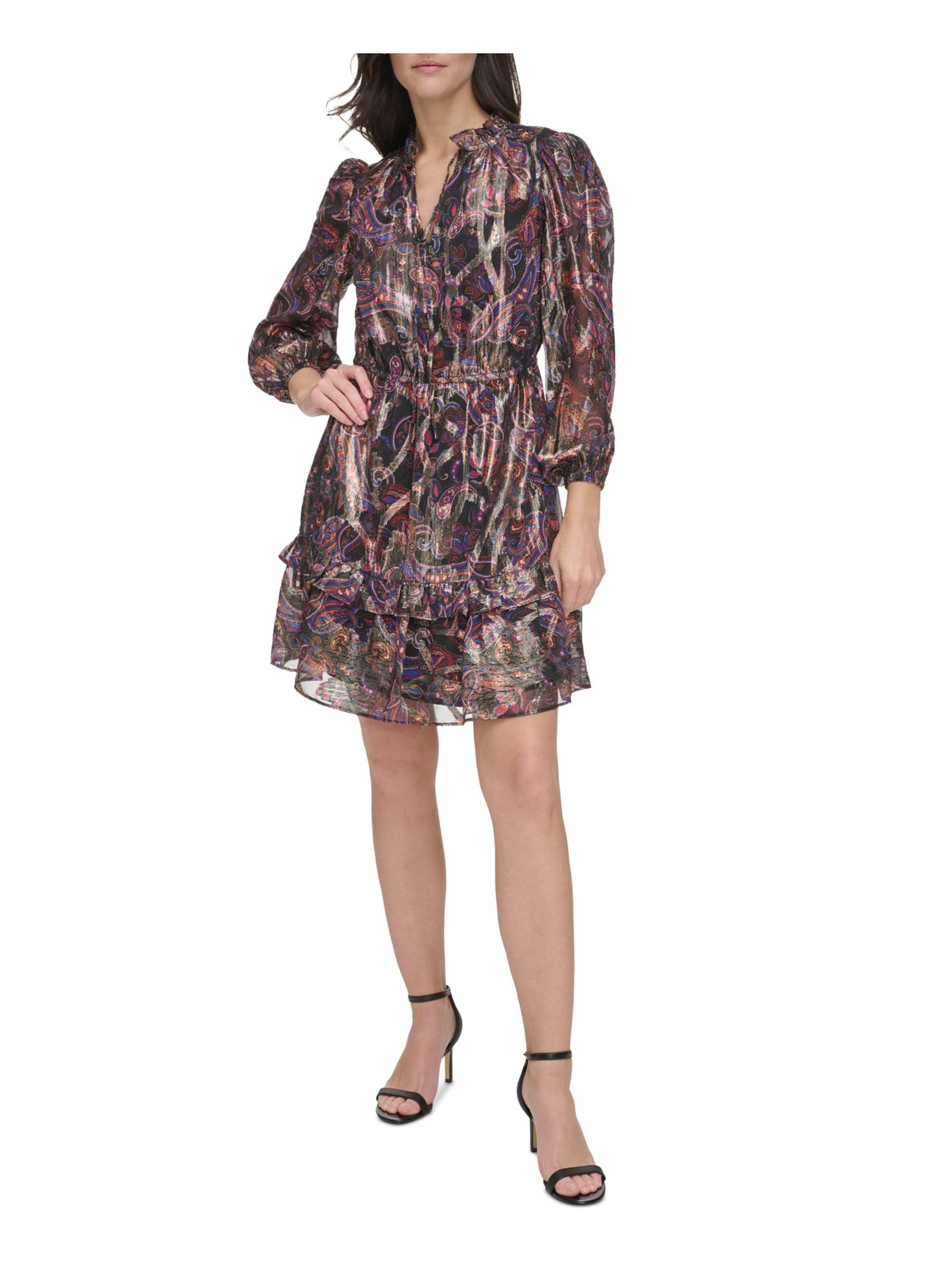 VINCE CAMUTO Womens Black Tie Metallic Lined Ruffled Pull-on Paisley Long Sleeve Split Short Fit + Flare Dress Petites 6P