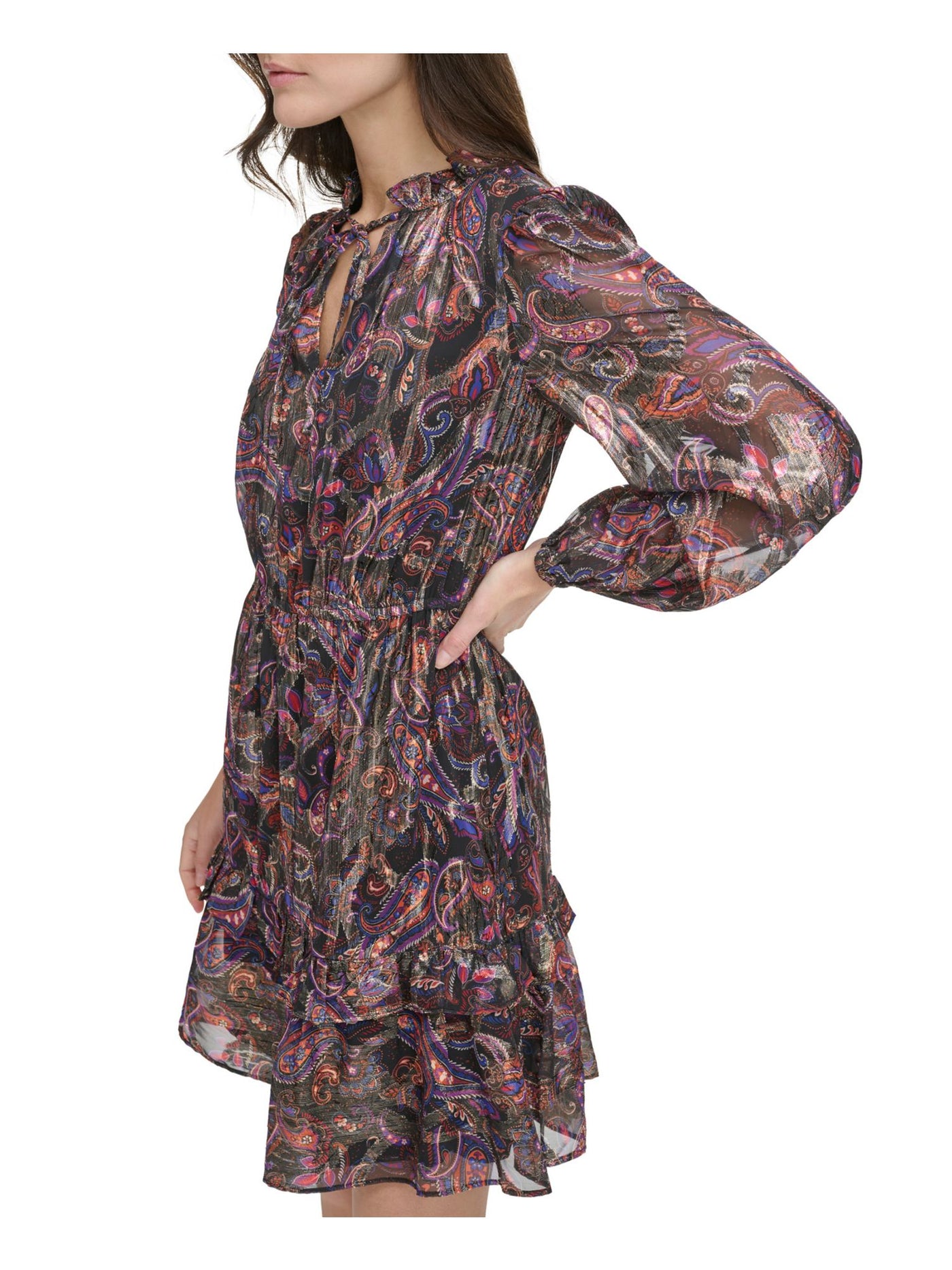 VINCE CAMUTO Womens Black Tie Metallic Lined Ruffled Pull-on Paisley Long Sleeve Split Short Fit + Flare Dress Petites 6P