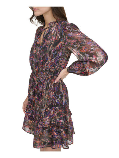 VINCE CAMUTO Womens Black Tie Metallic Lined Ruffled Pull-on Paisley Long Sleeve Split Short Fit + Flare Dress Petites 6P