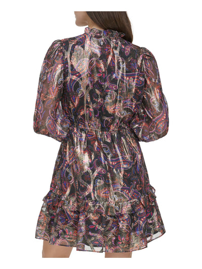 VINCE CAMUTO Womens Black Tie Metallic Lined Ruffled Pull-on Paisley Long Sleeve Split Short Fit + Flare Dress Petites 6P