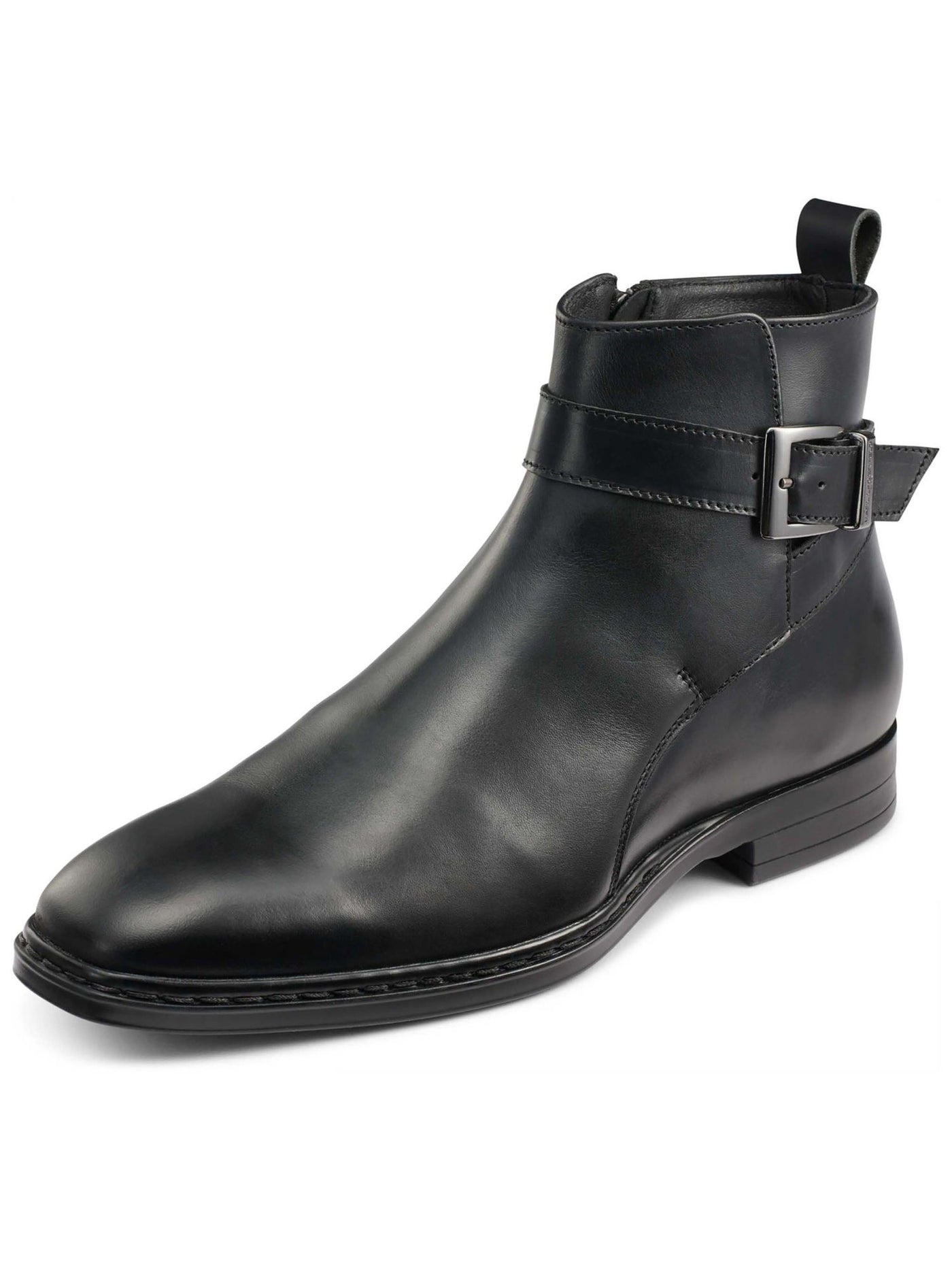 KARL LAGERFELD Mens Black Buckled Strap Heel Pull-Tab Padded Round Toe Block Heel Zip-Up Leather Boots Shoes 10.5