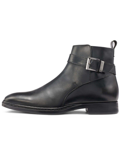 KARL LAGERFELD Mens Black Buckled Strap Heel Pull-Tab Padded Round Toe Block Heel Zip-Up Leather Boots Shoes 10.5