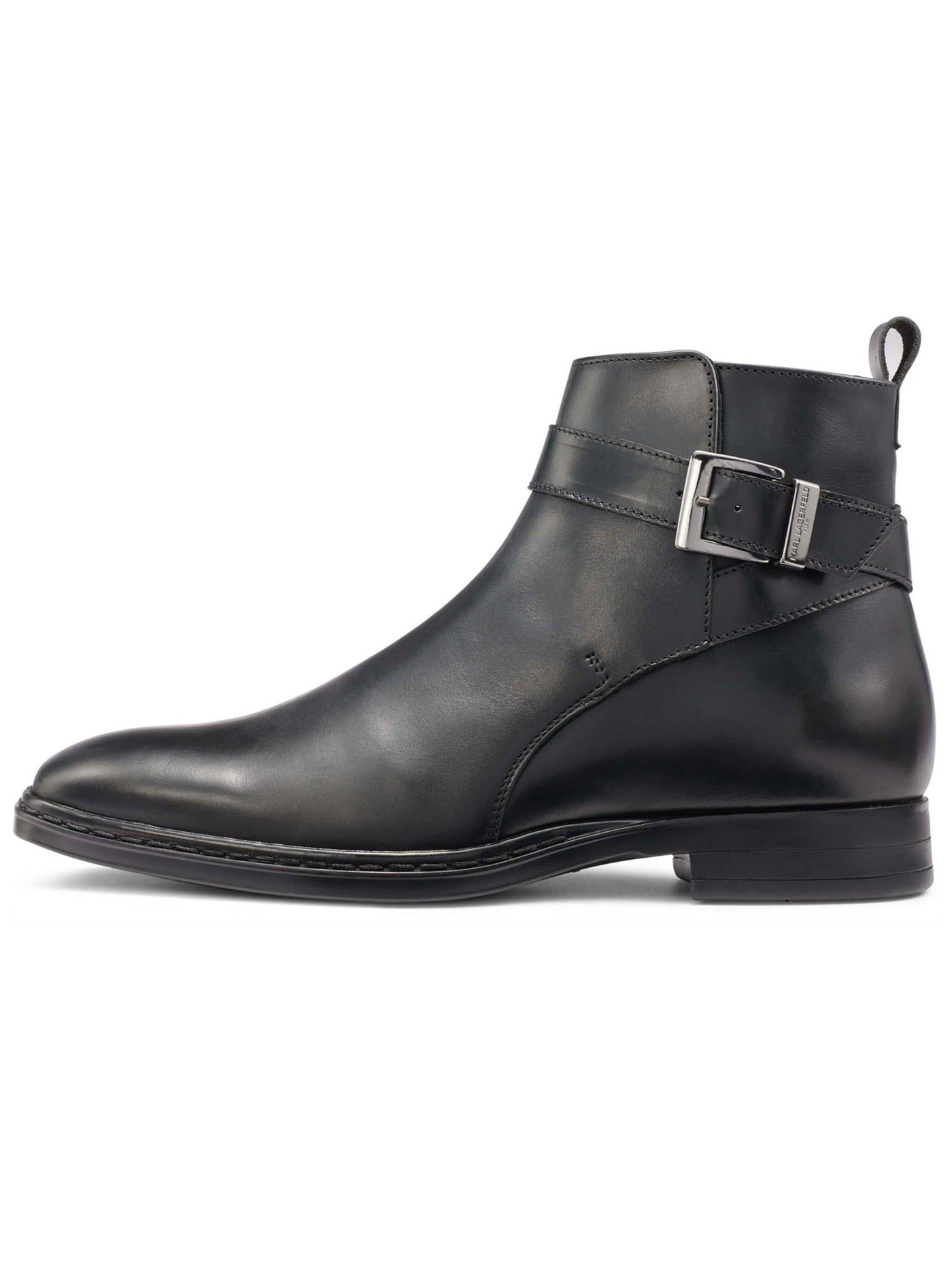 KARL LAGERFELD Mens Black Buckled Strap Heel Pull-Tab Padded Round Toe Block Heel Zip-Up Leather Boots Shoes 11.5