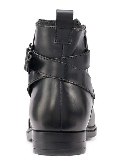 KARL LAGERFELD Mens Black Buckled Strap Heel Pull-Tab Padded Round Toe Block Heel Zip-Up Leather Boots Shoes 10.5