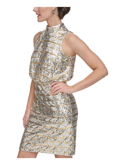 ELIZA J Womens Silver Zippered Sequined Lined Geometric Sleeveless Halter Above The Knee Cocktail Blouson Dress Petites 0P
