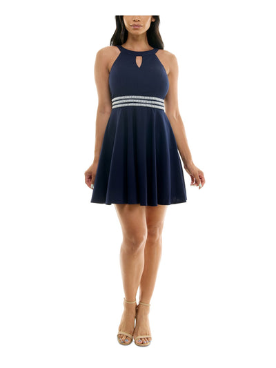 EMERALD SUNDAE Womens Navy Zippered Wide Rhinestone-trim Waist Sleeveless Keyhole Short Party Fit + Flare Dress Juniors XS