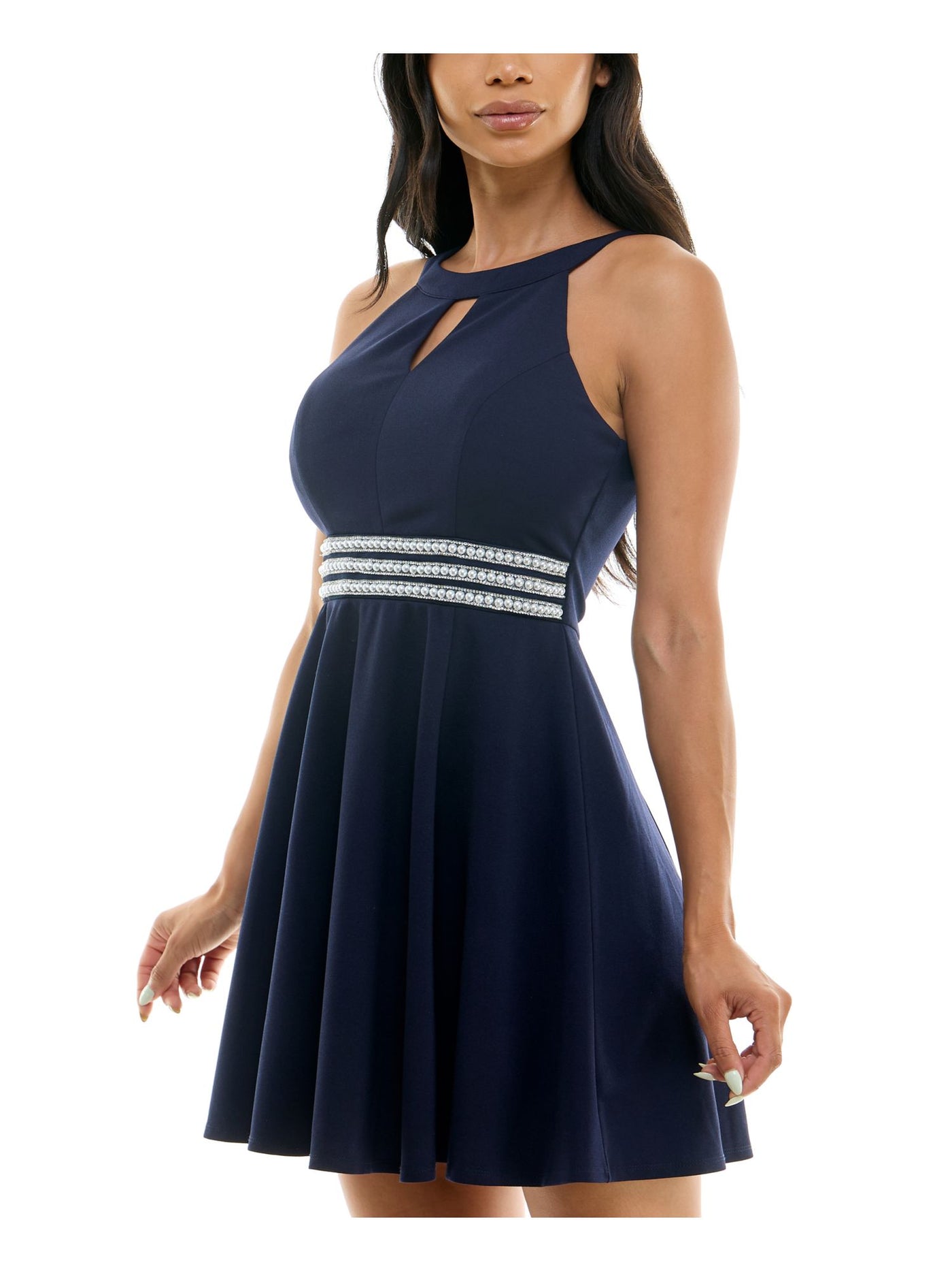 EMERALD SUNDAE Womens Navy Zippered Wide Rhinestone-trim Waist Sleeveless Keyhole Short Party Fit + Flare Dress Juniors XS