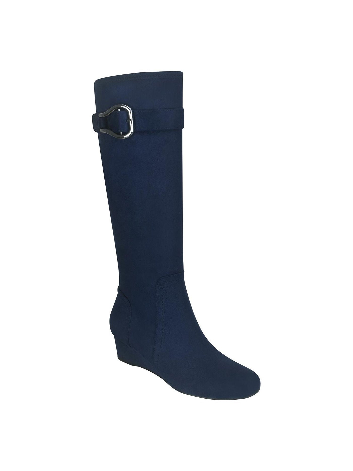 IMPO Womens Navy Buckled Strap Cushioned Stretch Gelsey Almond Toe Wedge Zip-Up Dress Boots 8.5 W WC
