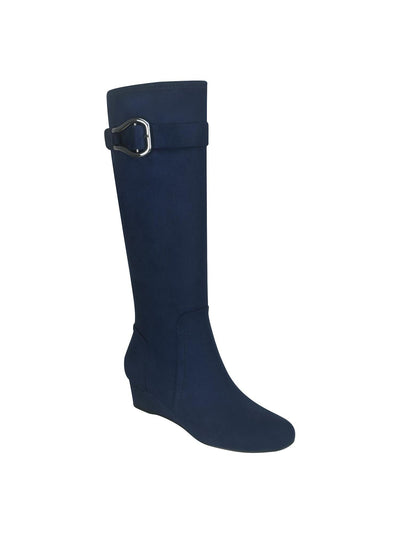 IMPO Womens Navy Buckled Strap Cushioned Stretch Gelsey Almond Toe Wedge Zip-Up Dress Boots 8.5 W WC