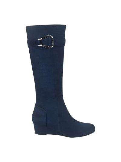 IMPO Womens Navy Buckled Strap Cushioned Stretch Gelsey Almond Toe Wedge Zip-Up Dress Boots 8.5 W WC