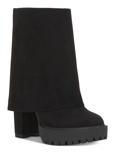 INC Womens Black 1" Platform Cuffed Overlay Lightweight Slip Resistant Treaded Cushioned Breathable Acelina Round Toe Zip-Up Heeled Boots 6 M