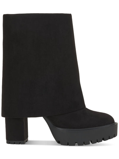 INC Womens Black 1" Platform Cuffed Overlay Lightweight Slip Resistant Treaded Cushioned Breathable Acelina Round Toe Zip-Up Heeled Boots 6 M