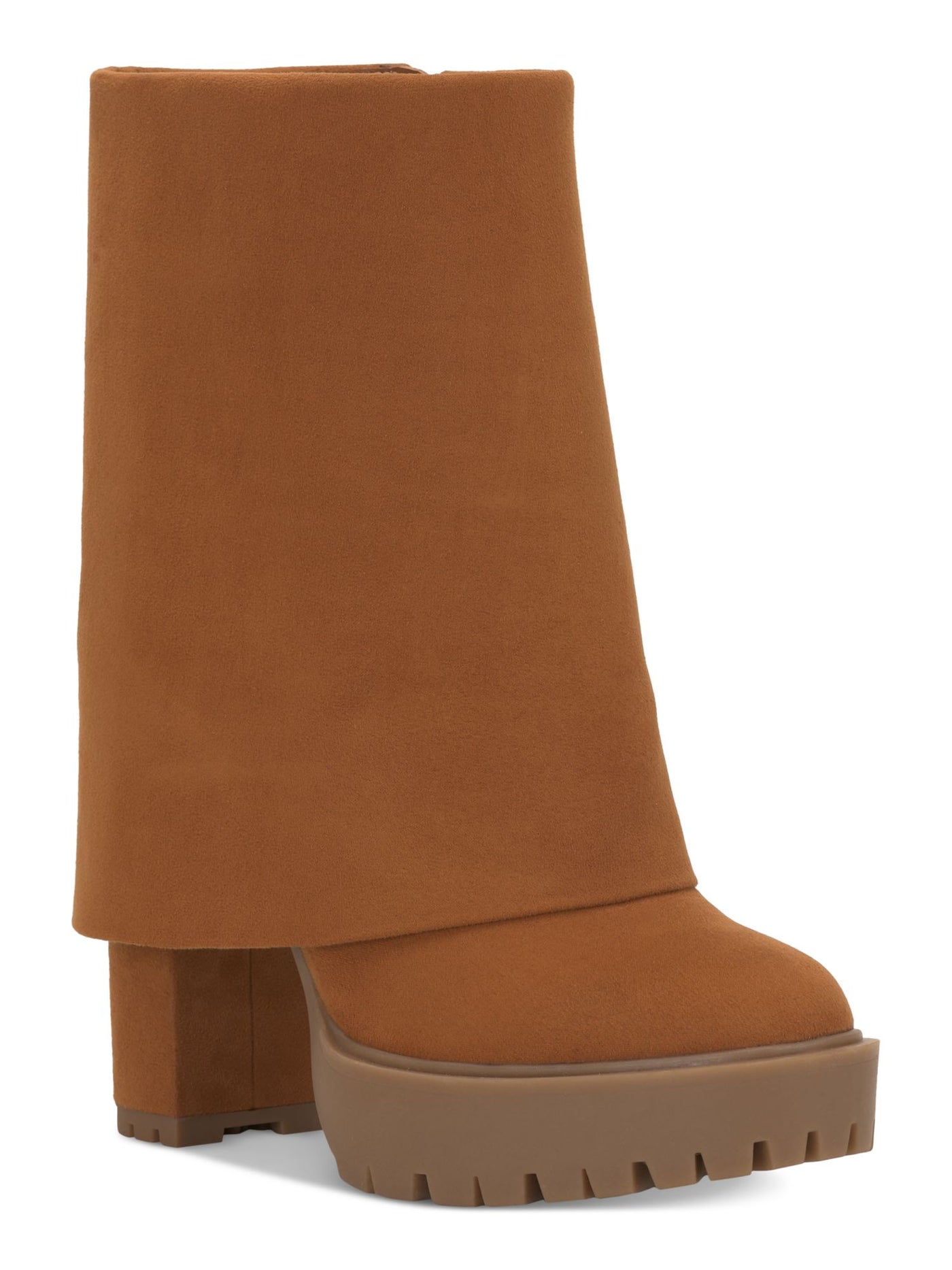 INC Womens Brown 1" Platform Cuffed Overlay Padded Acelina Round Toe Zip-Up Heeled Boots 7.5 M