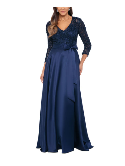 XSCAPE Womens Navy Zippered Lined Wrap Skirt Tie-waist 3/4 Sleeve V Neck Full-Length Formal Gown Dress 4