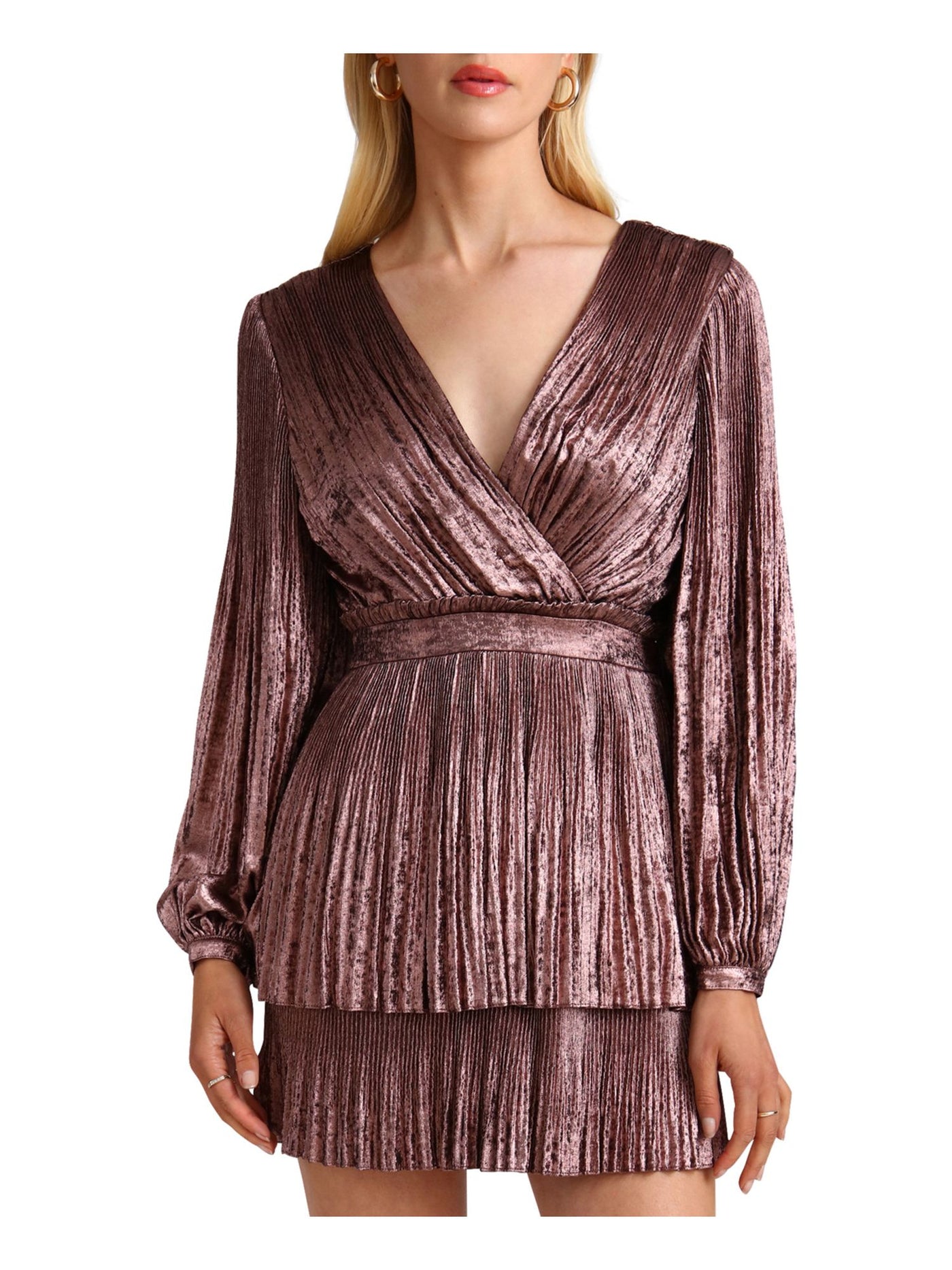 AVEC LES FILLES Womens Pink Pleated Zippered Pintuck Waist Tiered Skirt Lined Blouson Sleeve Surplice Neckline Mini Party Fit + Flare Dress 10