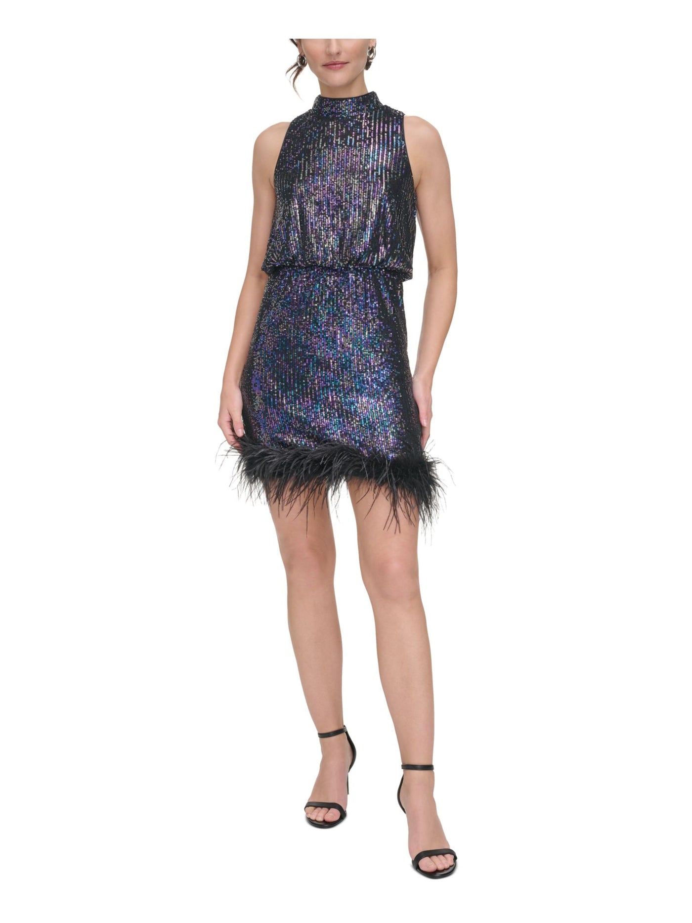 ELIZA J Womens Black Sequined Zippered Feathered Lined Sleeveless Halter Short Cocktail Sheath Dress 2