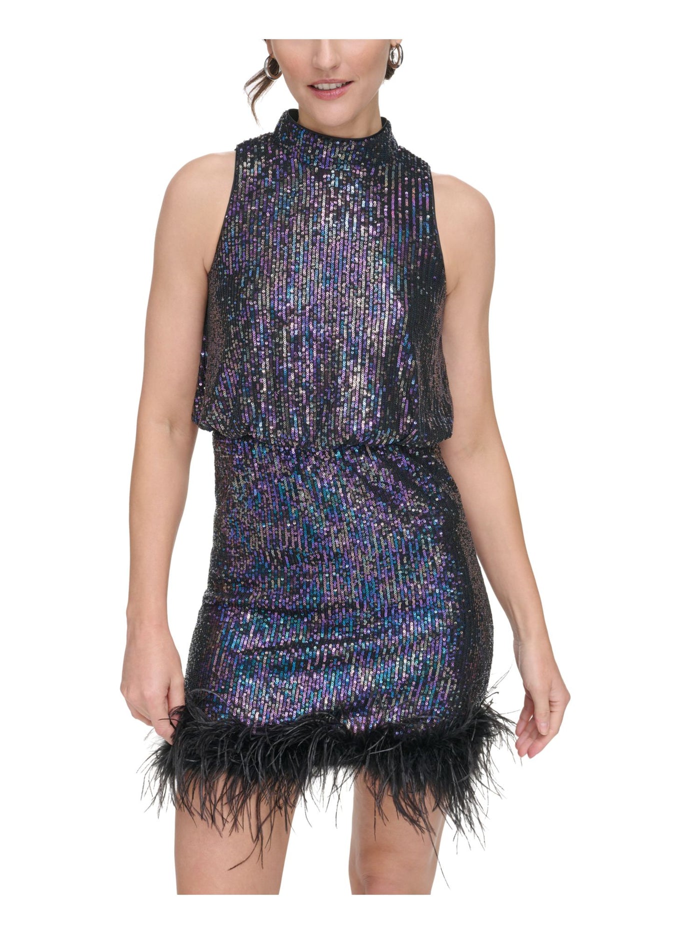 ELIZA J Womens Black Sequined Zippered Feathered Lined Sleeveless Halter Short Cocktail Sheath Dress 2
