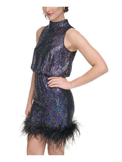 ELIZA J Womens Black Sequined Zippered Feathered Lined Sleeveless Halter Short Cocktail Sheath Dress 2
