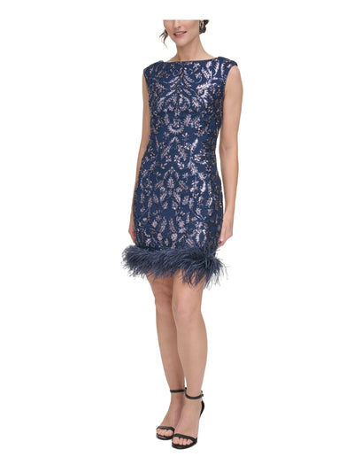 ELIZA J Womens Navy Sequined Zippered Feathered Trim Lined V-back Sleeveless Boat Neck Short Cocktail Body Con Dress 8