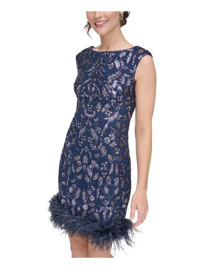 ELIZA J Womens Navy Sequined Zippered Feathered Trim Lined V-back Sleeveless Boat Neck Short Cocktail Body Con Dress 8