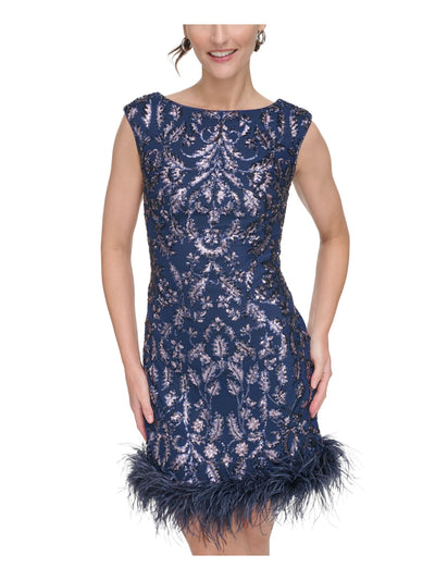 ELIZA J Womens Navy Sequined Zippered Feathered Trim Lined V-back Sleeveless Boat Neck Short Cocktail Body Con Dress 4