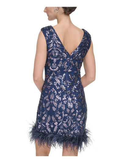 ELIZA J Womens Navy Sequined Zippered Feathered Trim Lined V-back Sleeveless Boat Neck Short Cocktail Body Con Dress 8