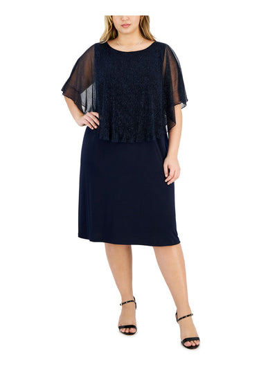 CONNECTED APPAREL Womens Navy Unlined Metallic Mesh Overlay Pullover Flutter Sleeve Round Neck Knee Length Party Shift Dress Plus 22W