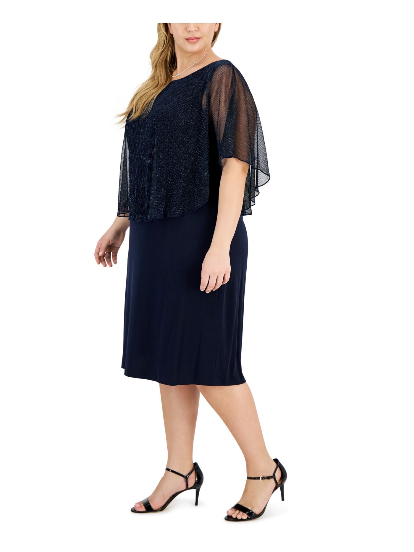 CONNECTED APPAREL Womens Navy Unlined Metallic Mesh Overlay Pullover Flutter Sleeve Round Neck Knee Length Party Shift Dress Plus 22W