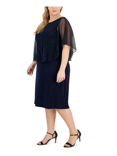 CONNECTED APPAREL Womens Navy Unlined Metallic Mesh Overlay Pullover Flutter Sleeve Round Neck Knee Length Party Shift Dress Plus 20W