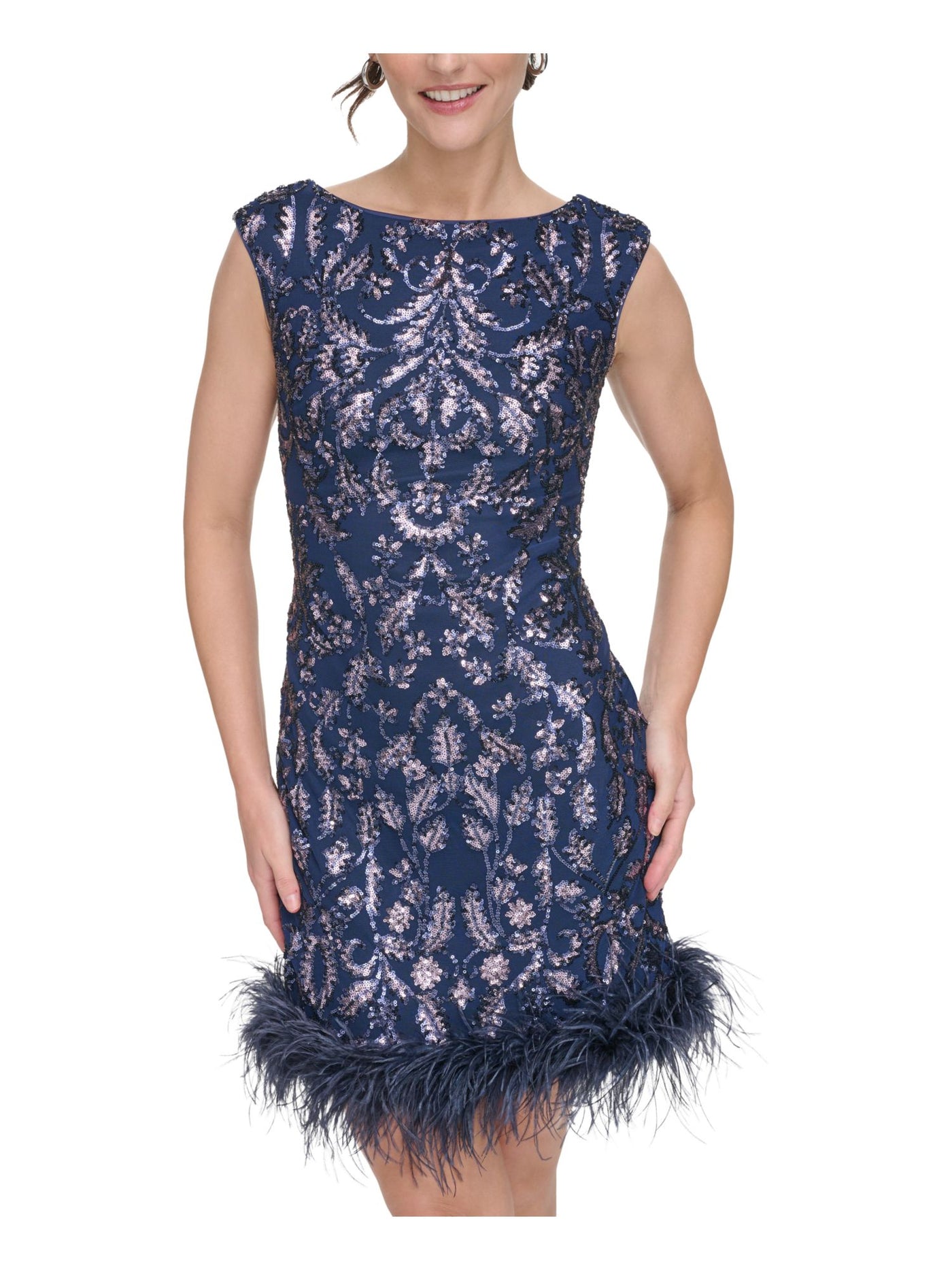 ELIZA J Womens Navy Zippered Lined Feather Trimmed Hem Cap Sleeve Boat Neck Short Party Sheath Dress Petites 2P