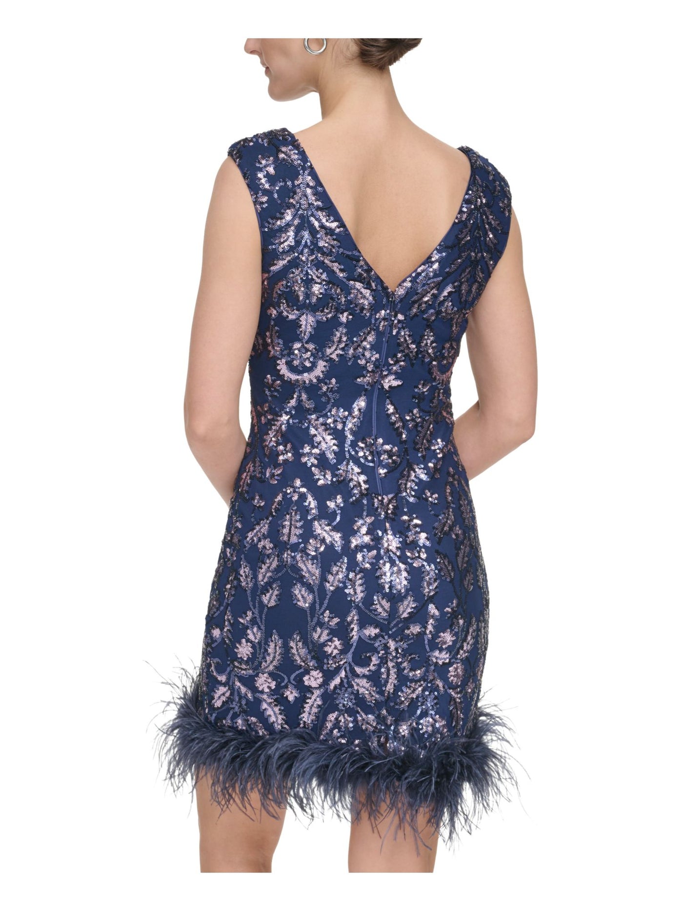 ELIZA J Womens Navy Zippered Lined Feather Trimmed Hem Cap Sleeve Boat Neck Short Party Sheath Dress Petites 2P