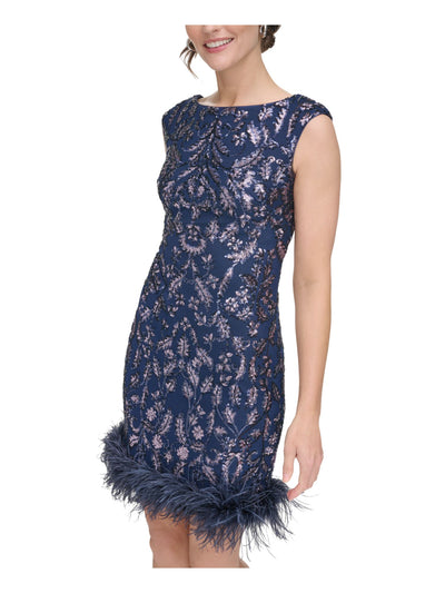ELIZA J Womens Navy Zippered Lined Feather Trimmed Hem Cap Sleeve Boat Neck Short Party Sheath Dress Petites 2P