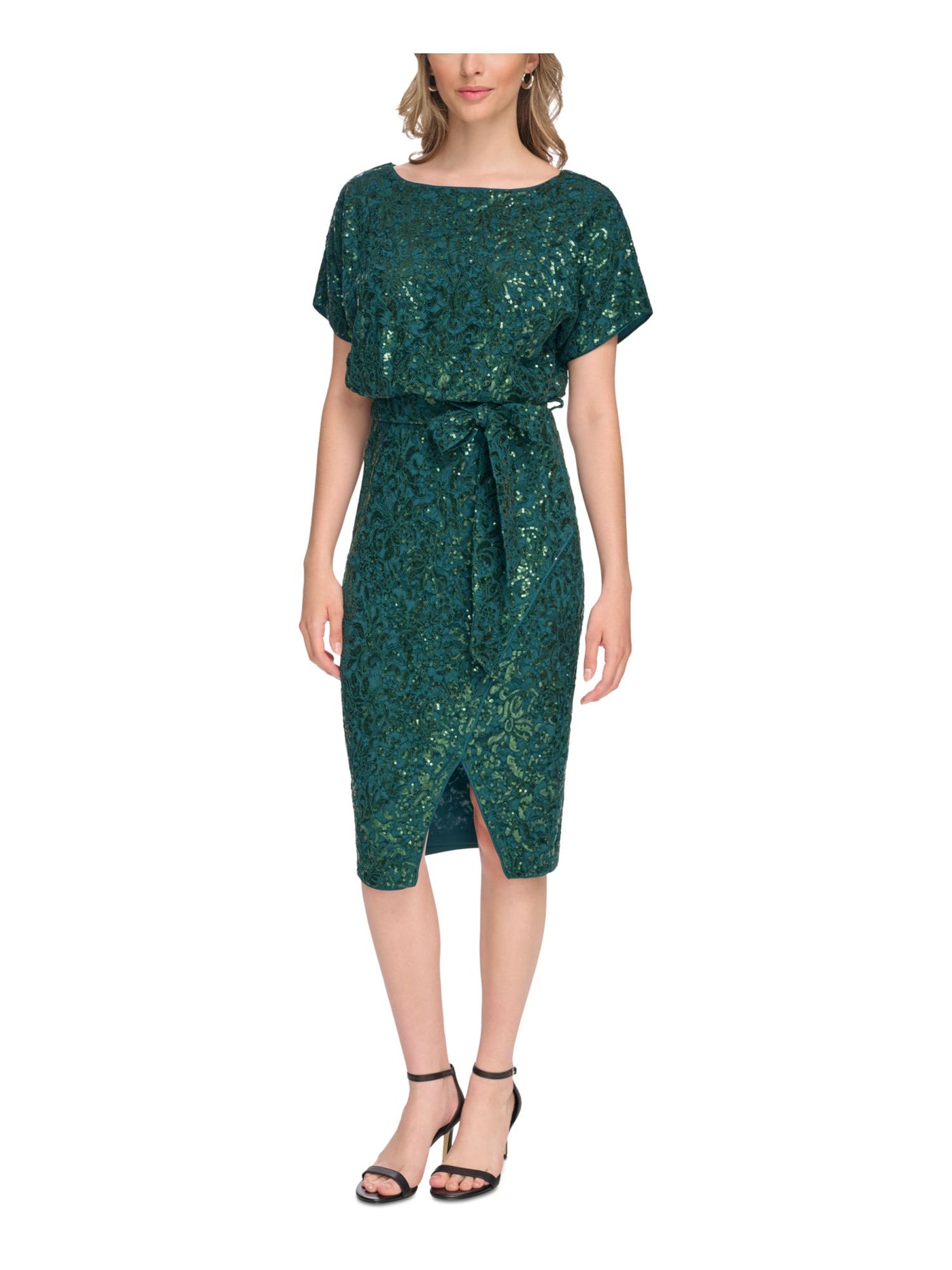KENSIE DRESSES Womens Green Zippered Slitted Tie Belt Lined Short Sleeve Round Neck Below The Knee Wear To Work Blouson Dress 4