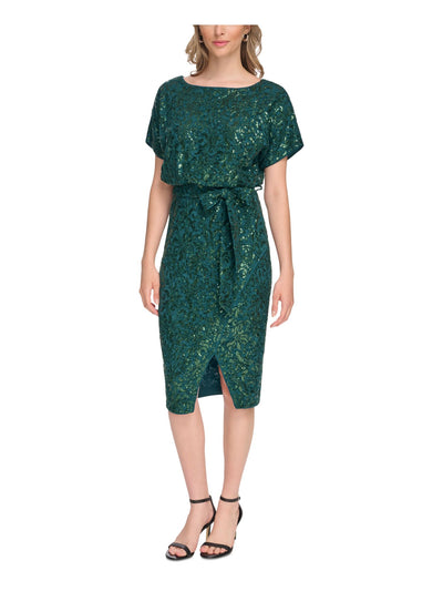 KENSIE Womens Green Zippered Slitted Tie Belt Lined Short Sleeve Round Neck Below The Knee Wear To Work Blouson Dress 6