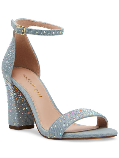 MADDEN GIRL Womens Blue Adjustable Ankle Strap Padded Rhinestone Embellished Beella Open Toe Block Heel Buckle Dress Heeled Sandal 8.5 M