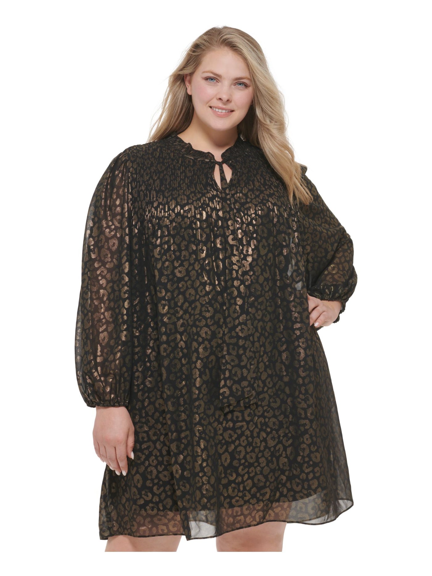 DKNY Womens Black Pleated Lined Pullover Animal Print Balloon Sleeve Tie Neck Above The Knee Wear To Work Shift Dress Plus 18W