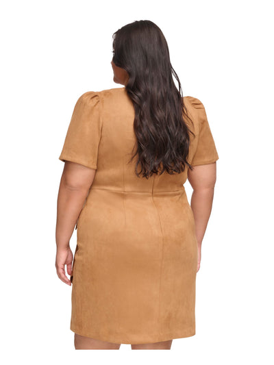 DKNY Womens Brown Zippered Belt Accent Faux-wrap Skirt Pouf Sleeve Round Neck Above The Knee Party Sheath Dress Plus 20W