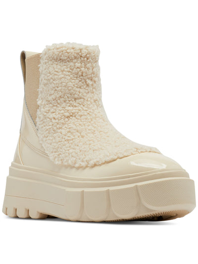 SOREL Womens Beige Mixed Media 1" Platform Goring Faux-Shearling Detail Padded Back Pull-Tab Removable Insole Waterproof Caribou X Round Toe Wedge Chelsea Boot 6